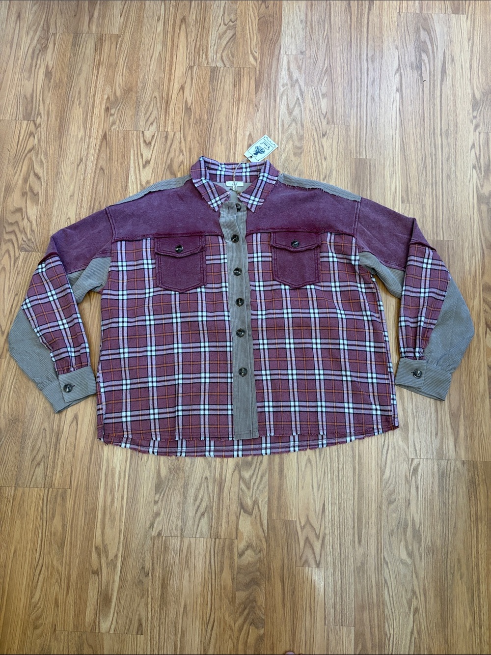 Easel Plaid Button-Down Shirt Jacket with Gray Trim Size Large L NWT